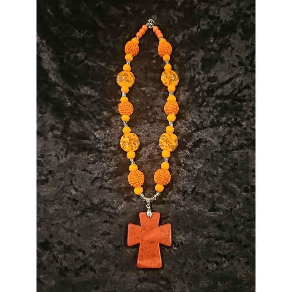 Orange Stone Cross Glass Bead And Fabric Necklace Handmade